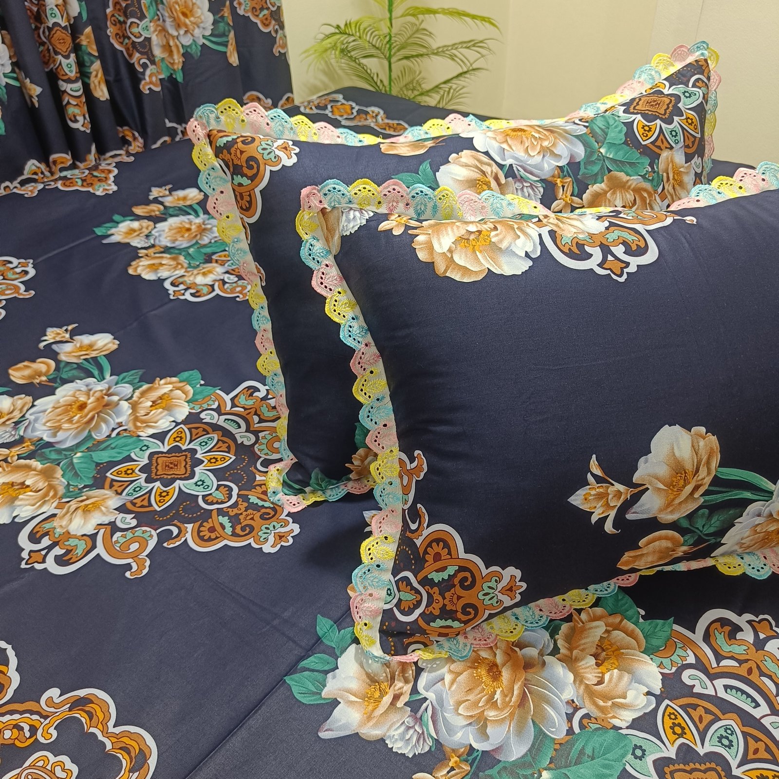 Imperial Navy Premium Cotton Bedsheet Set with Designd Pillows