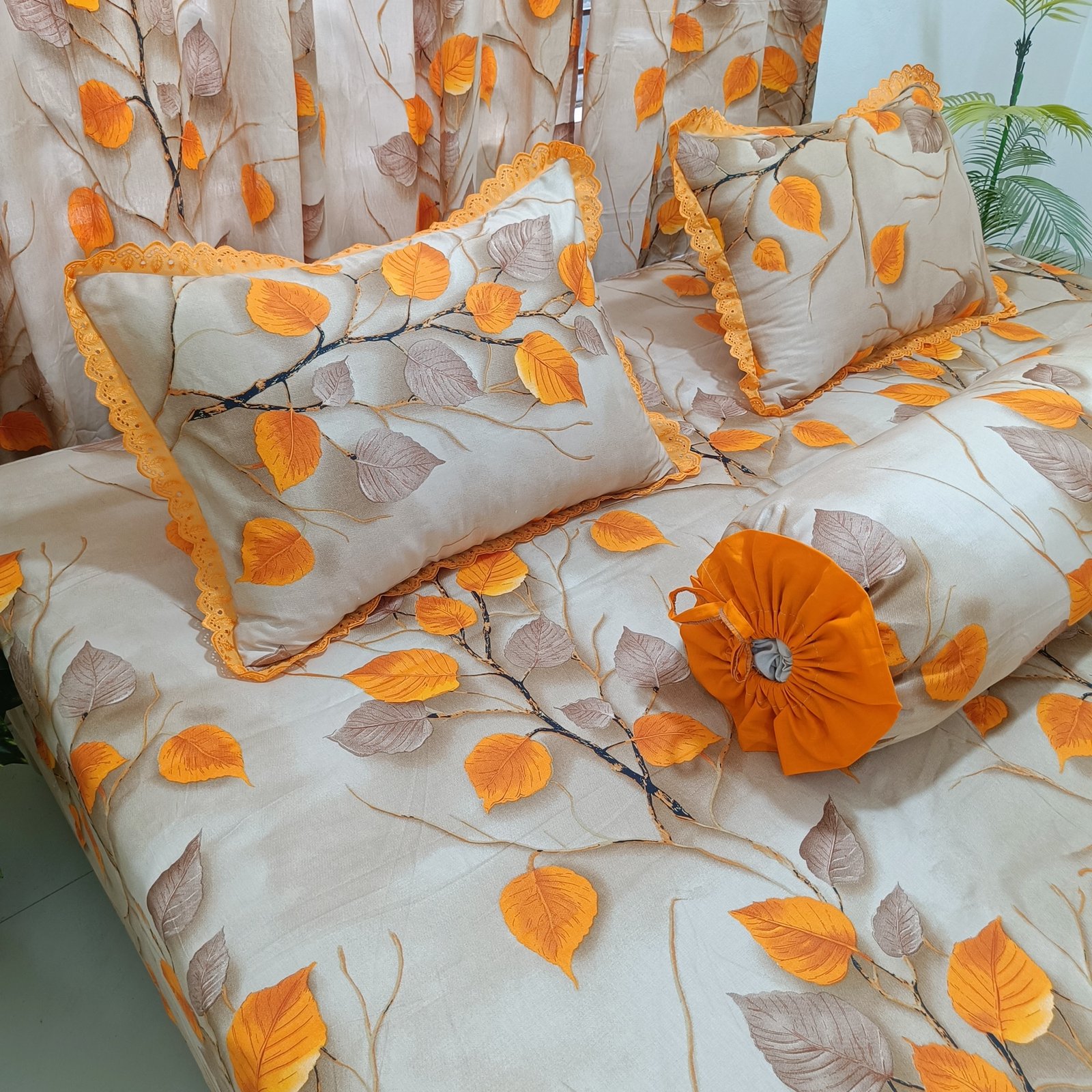 Soft Beige & Trailing Orange Vine Leaf Printting Lace Pillow Covers-Golden Leaf Reverie