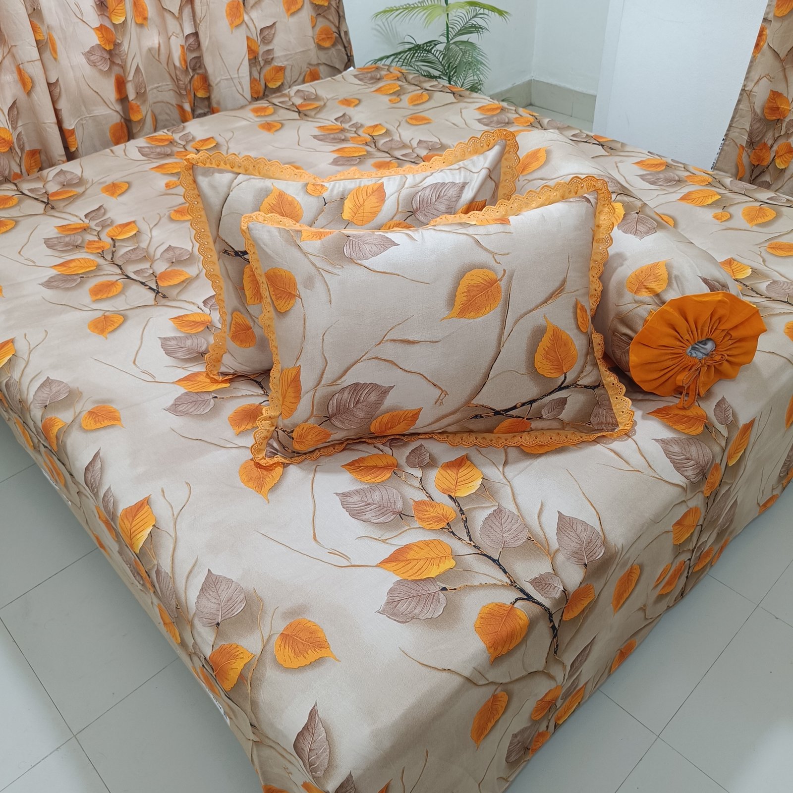Soft Beige & Trailing Orange Vine Leaf Printting Lace Pillow Covers-Golden Leaf Reverie