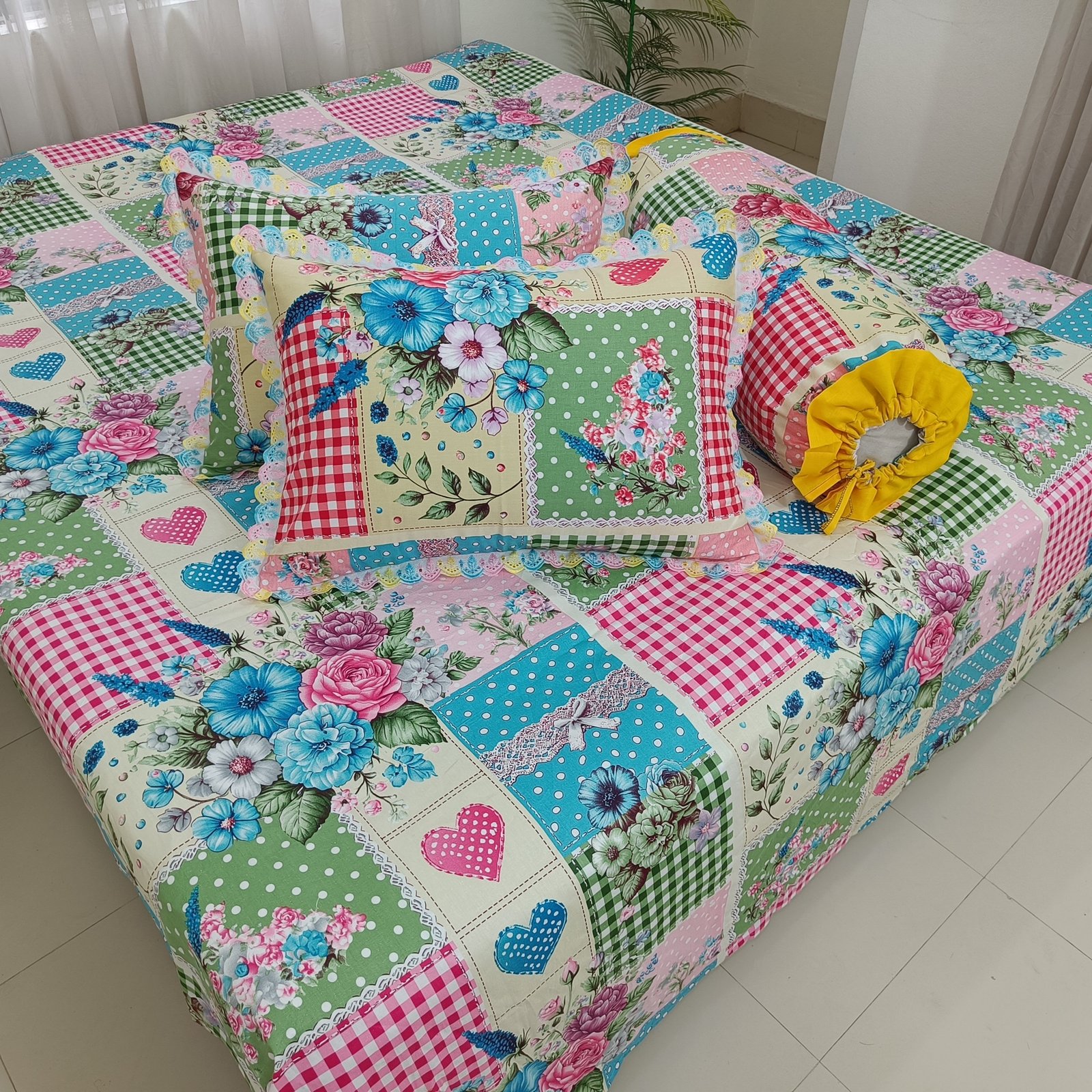 Vibrant Patchwork Printing Florals & Teal Polka Dots Premium Bedsheet Set