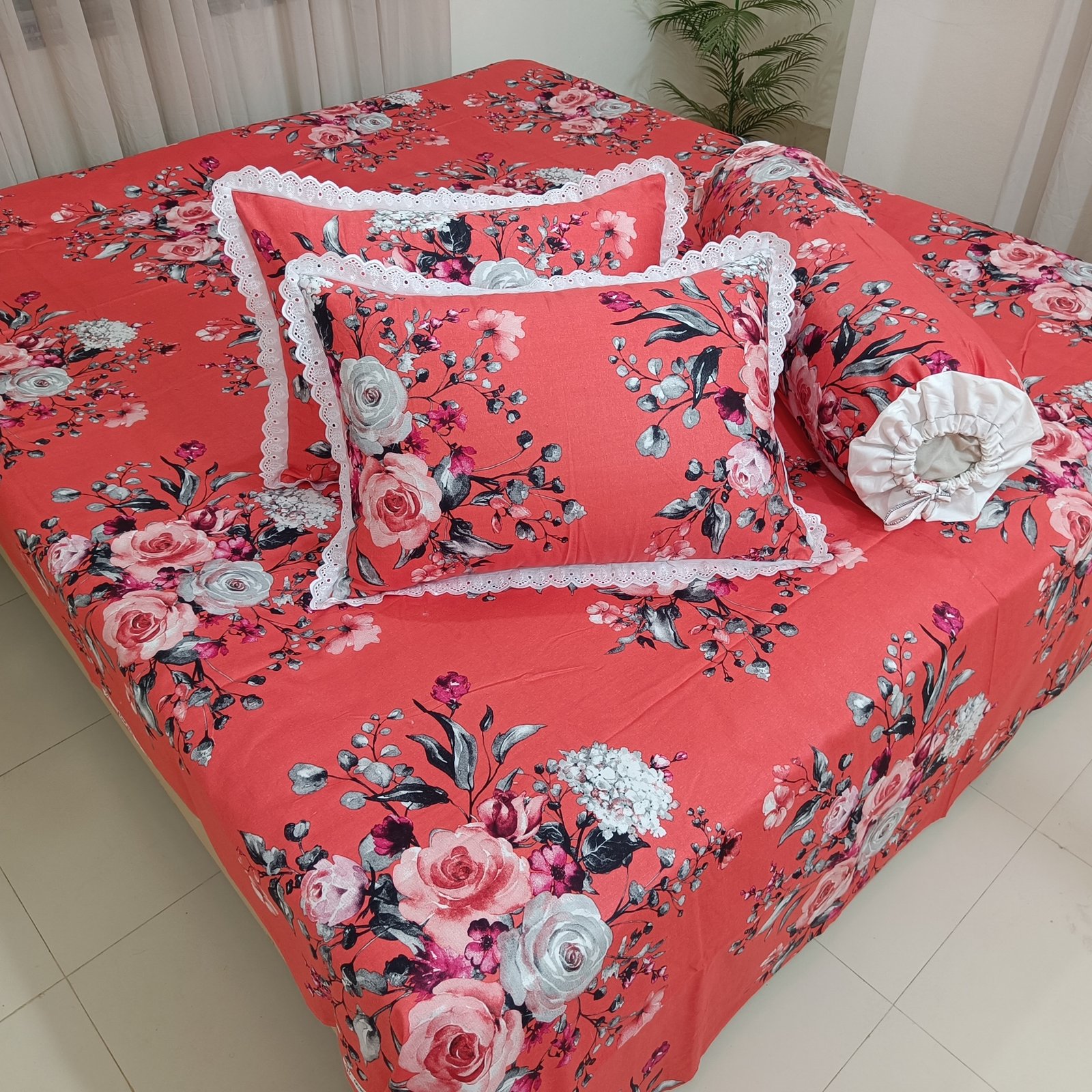 Blush Peach Base with Orange Floral Blooms & Teal Leaf Accents Premium Bedsheet Set