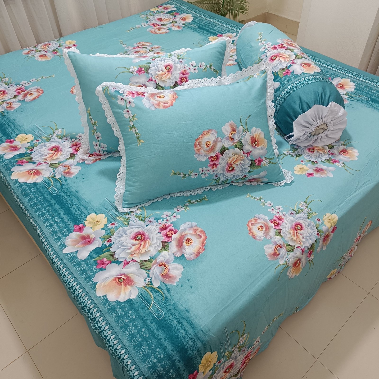 Refreshing Teal with Full-Bloom Peach Florals & Lace Detail Bedsheet Set