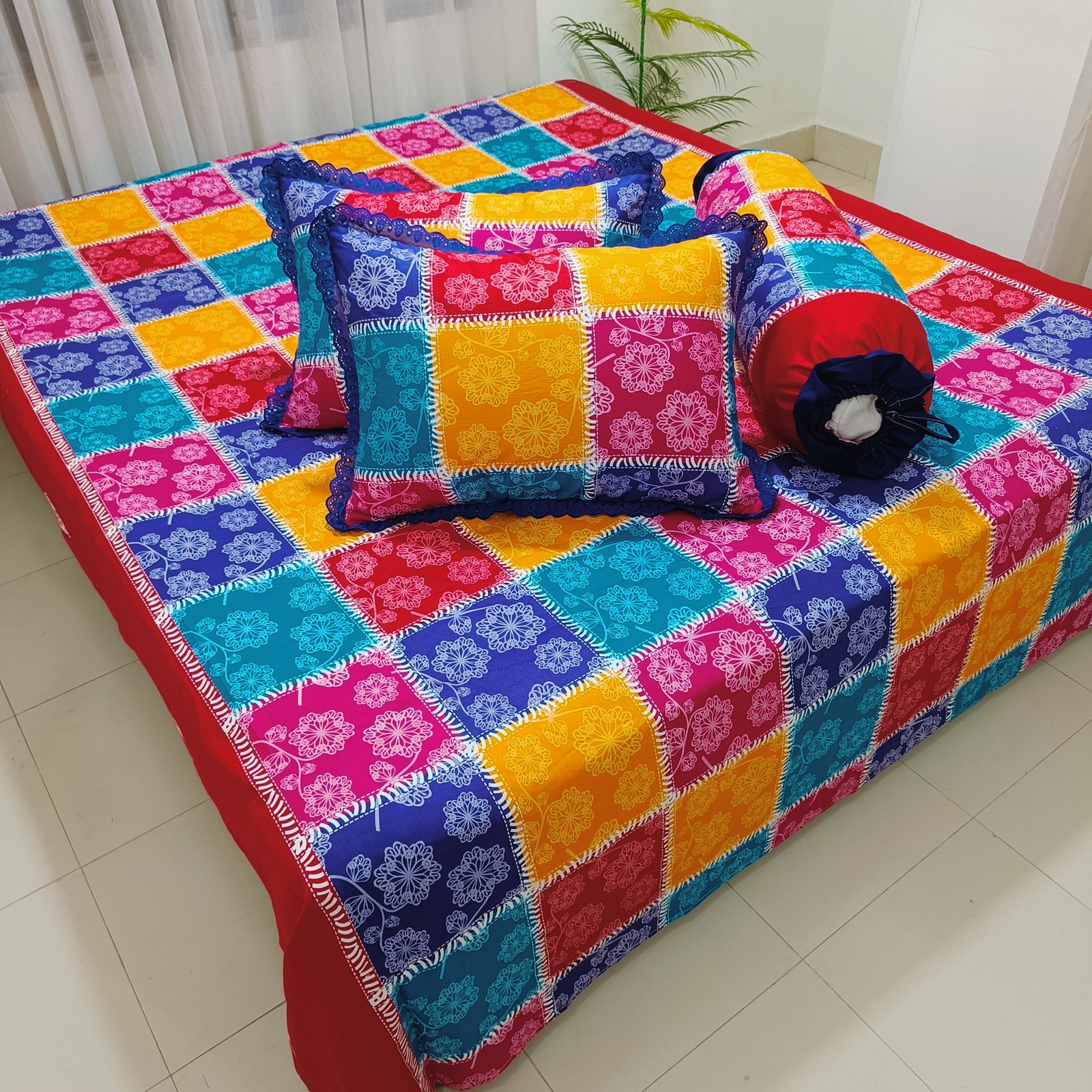 Vivid Diamond Patchwork motif Mandala Printing Bedsheet Set — Bedroom Art Redefined