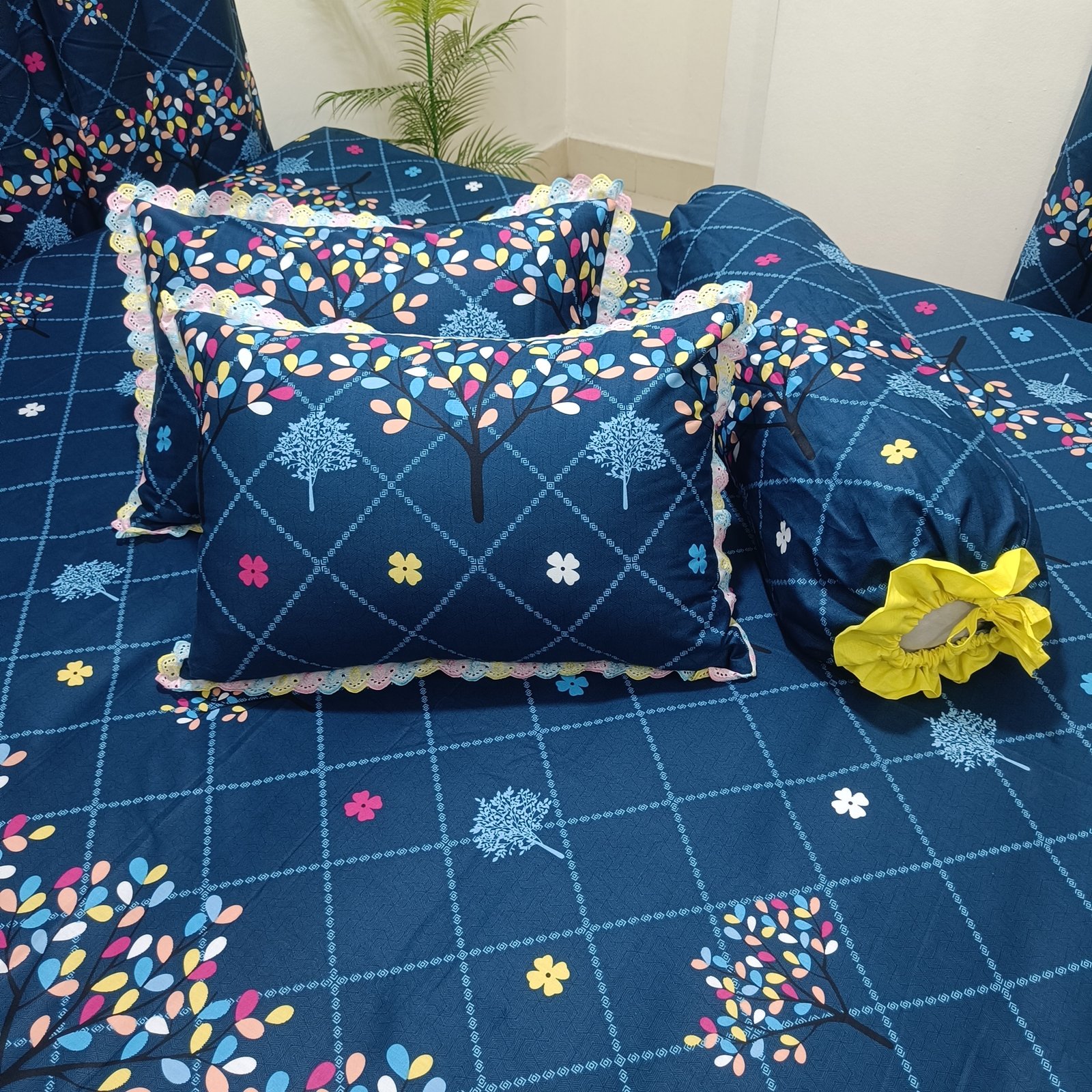 Blue Blossom Premium Bedding Set with Lace works Pillow Covers