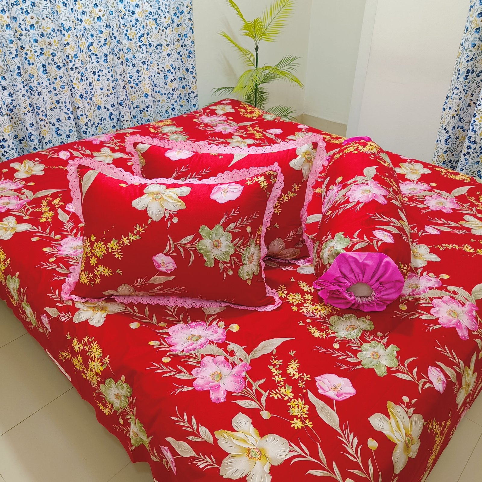Vibrant Red Base & Pink Blooming Florals Premium Lace Detail Bedsheet Set