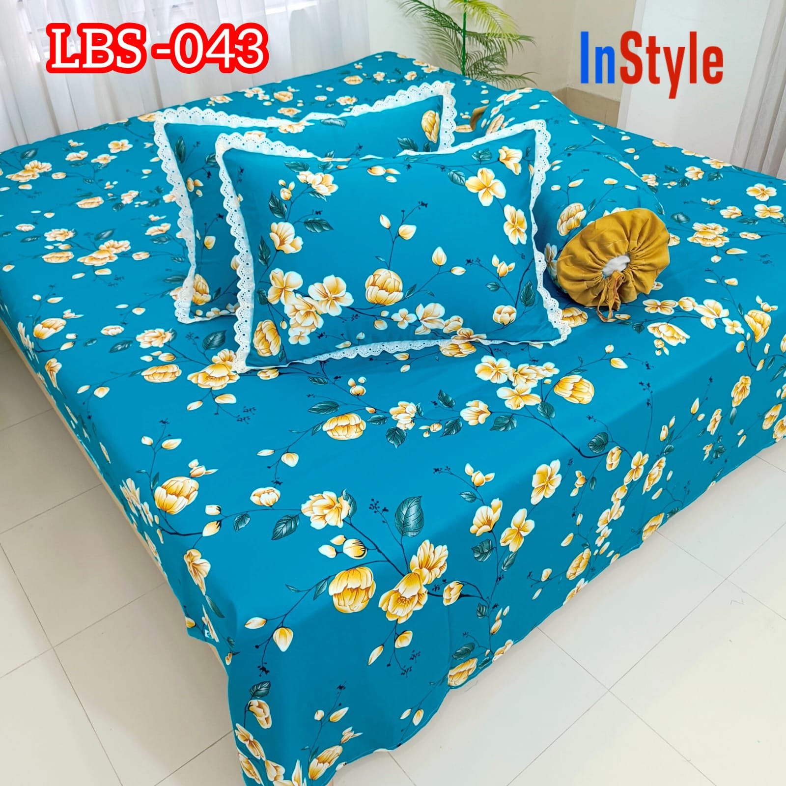 Royal Blue Oriental Floral Bedsheet Set with White Lace-works Pillow Covers