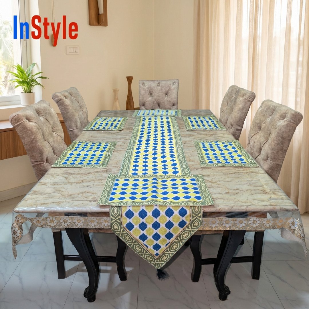 Ocean Breeze Azure Geometric Dot 7-Piece Vibrant Table Runner & Mats Luxury Set