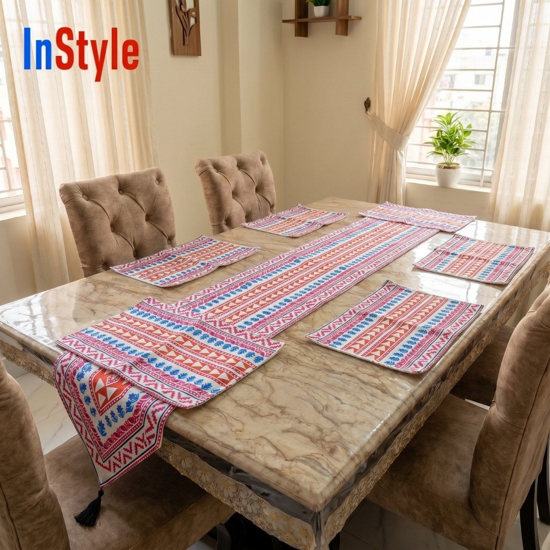 Coral Rose & Azure Blue Bohemian Tribal Geometric 7‑Piece Premium Table Runner & Placemat Set