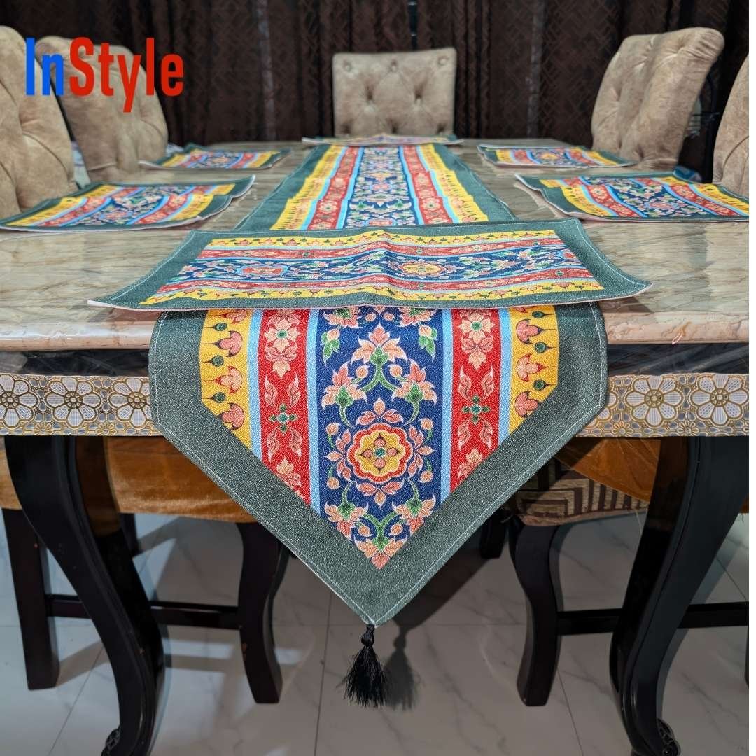 Royal Tapestry Multicolor Striped Floral Boho 7‑Piece Vintage Table Runner & Placemat Set