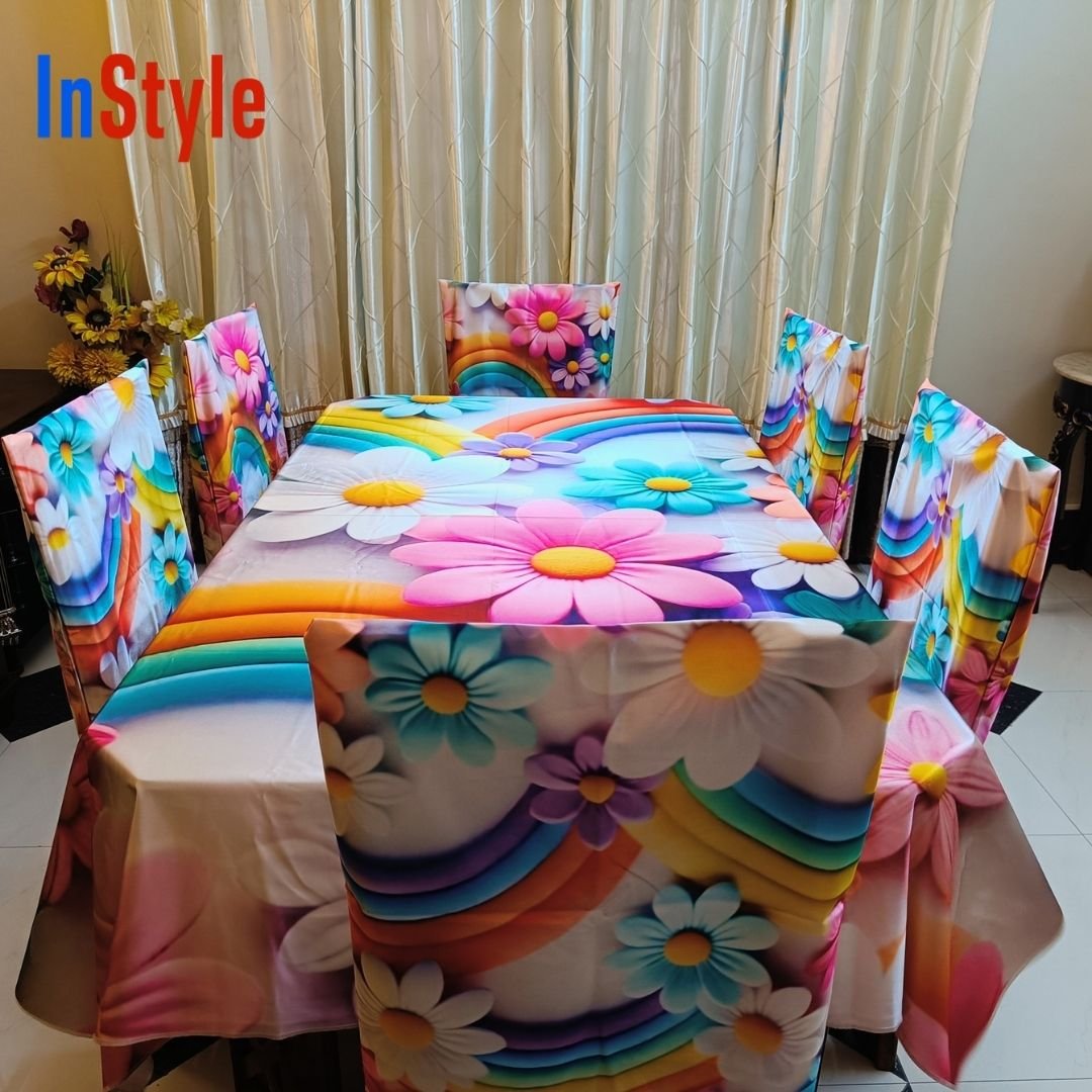 Rainbow Daisy 6 Seater Dining Table Cover Set – Luxury Washable Satin Fabric