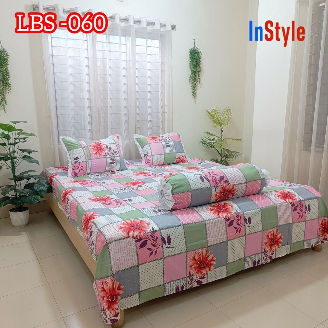 Pink Green Patchwork Floral Premium Cotton Bedsheet Set with Lace Pillow Covers (60)