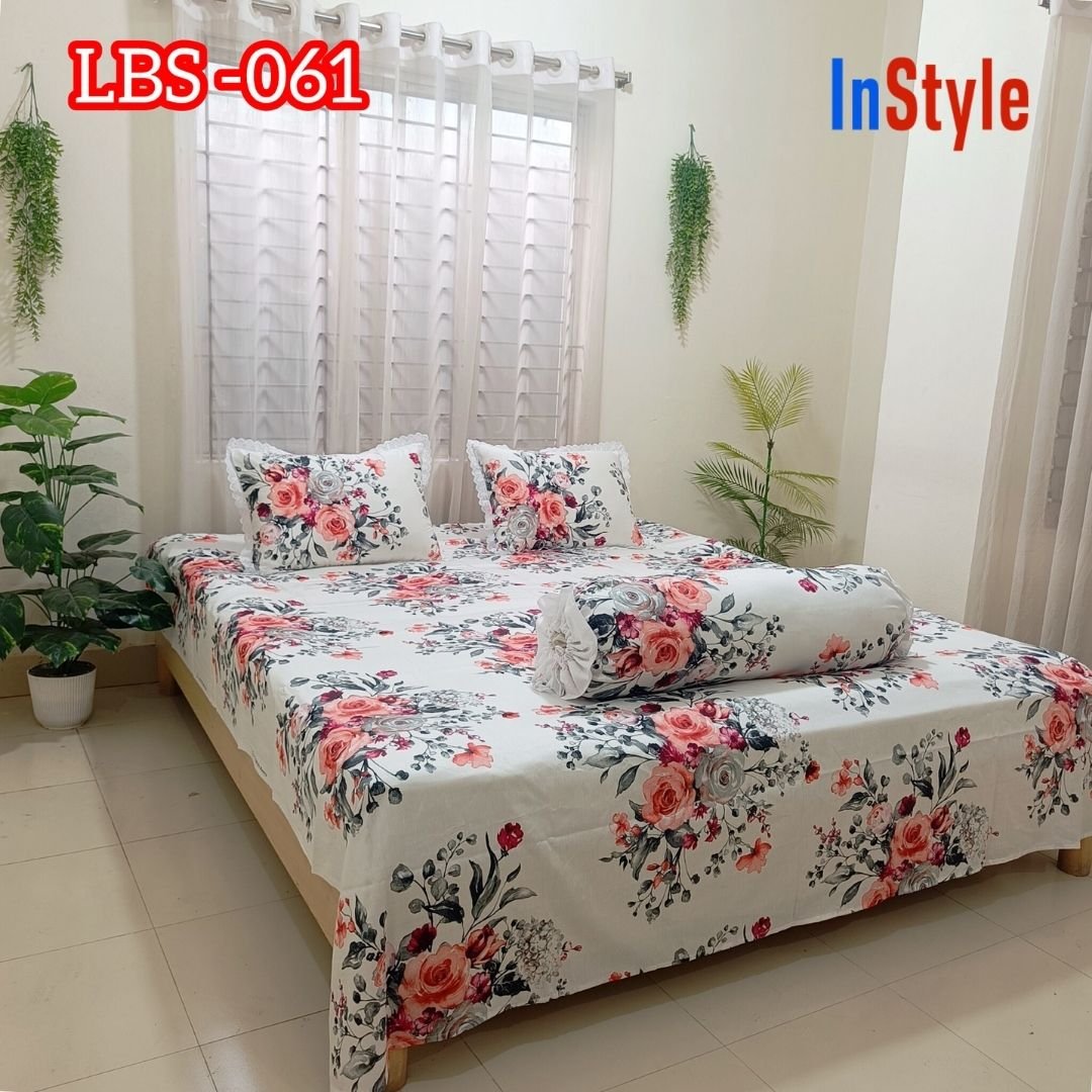 Cream Base Rose Floral Premium Cotton Bedsheet Set with Lace Pillow Covers (61)