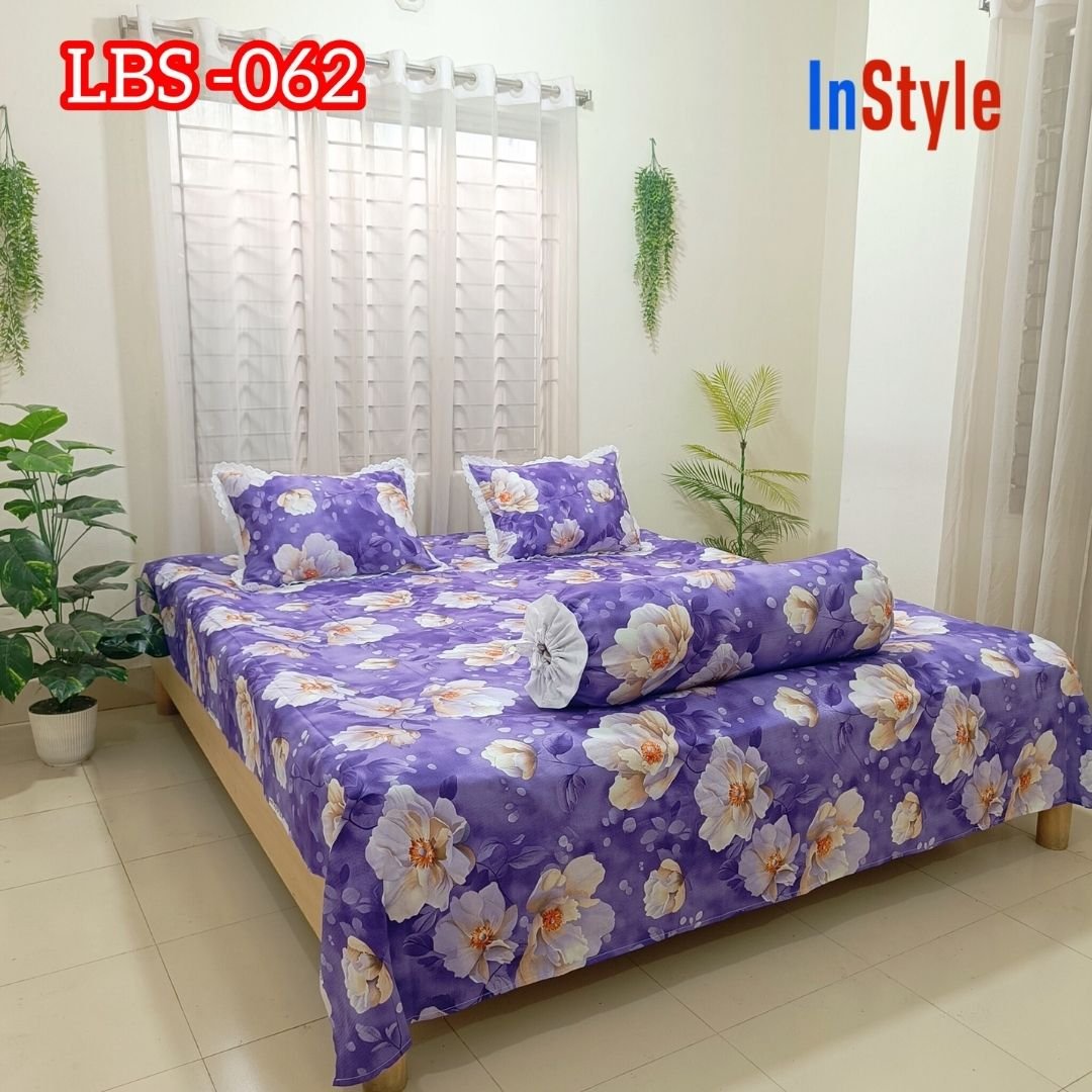 Purple Floral Print Premium Cotton Bedsheet Set with Lace Pillow Covers (62)