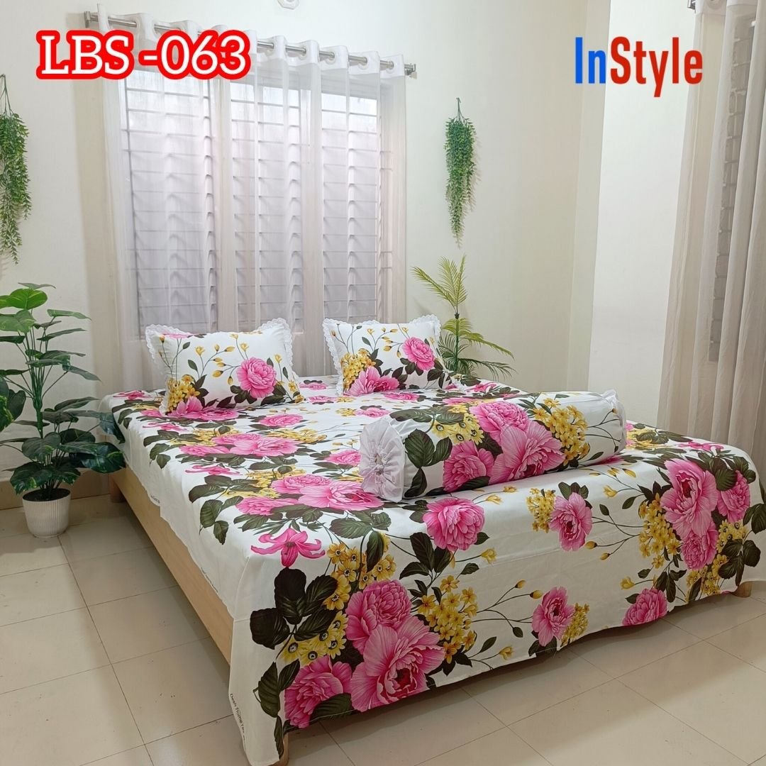 White Pink Rose Floral Premium Cotton Bedsheet Set with Lace Pillow Covers (63)