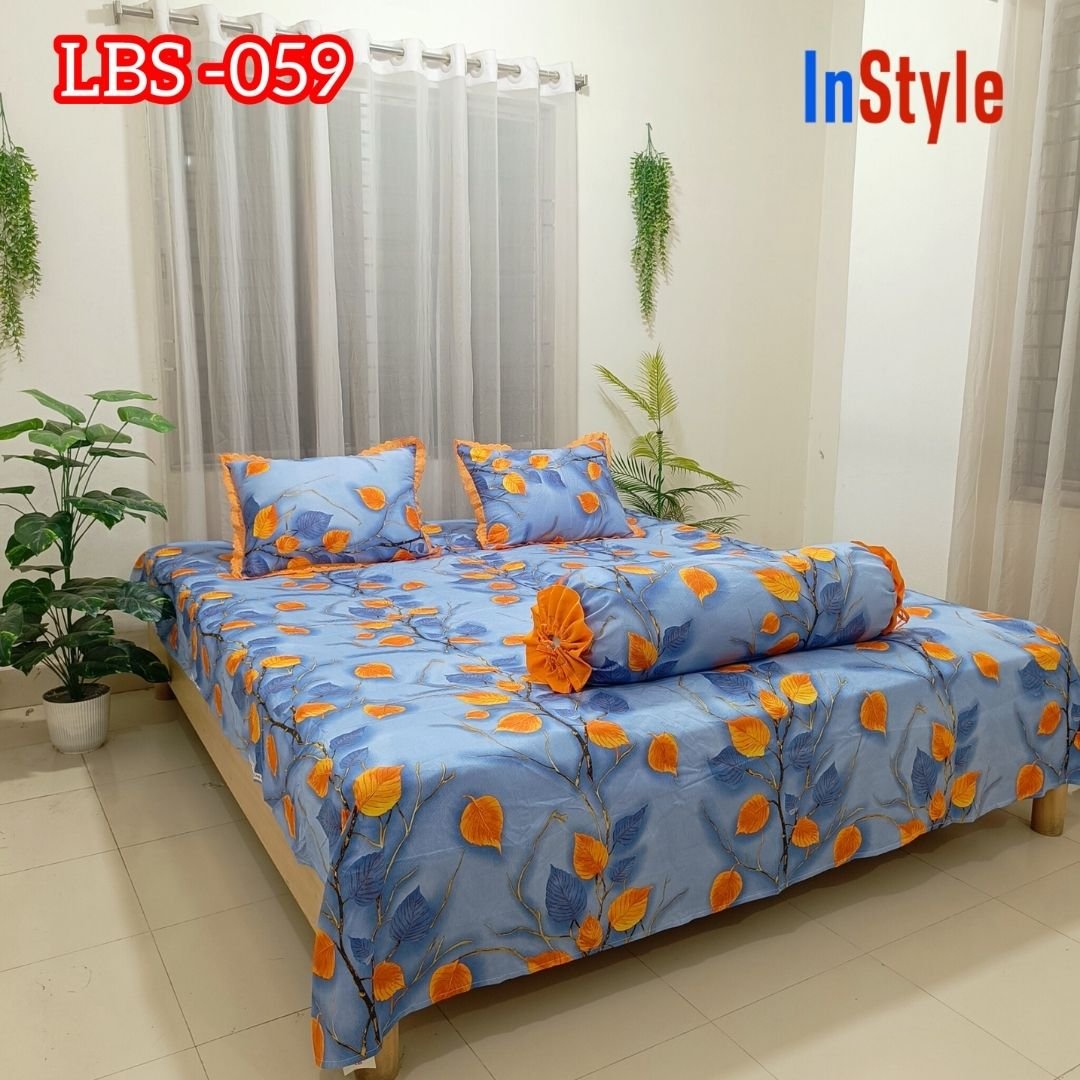 Sky Blue Orange Leaf Print Premium Cotton Bedsheet Set with Lace Pillow Covers (59)