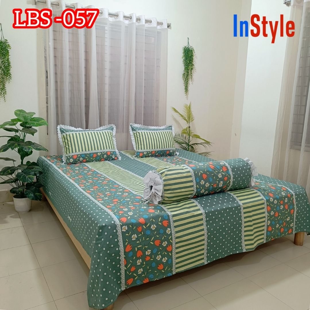 Sage Green Stripe Floral Premium Cotton Bedsheet Set with Lace Pillow Covers (57)