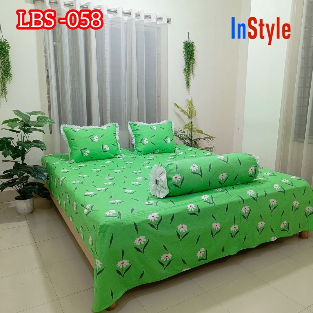 Fresh Green Floral Print Premium Bedsheet Set with Lace Pillow Covers (58)