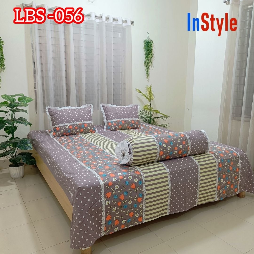 Taupe Brown Stripe Floral Premium Cotton Bedsheet Set with Lace Pillow Covers (56)