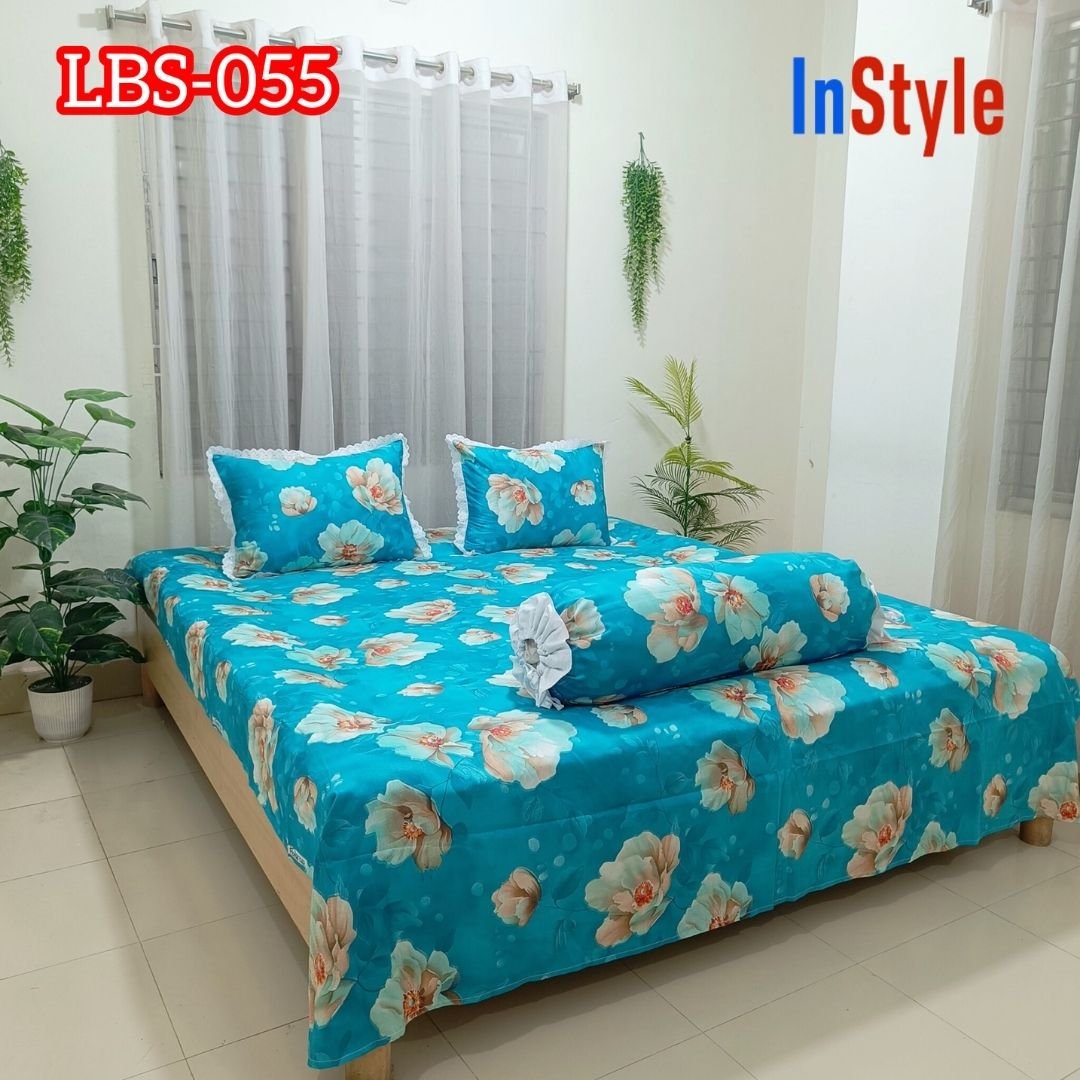 Aqua Blue White Floral Premium Cotton Bedsheet Set with Lace Pillow Covers (55)