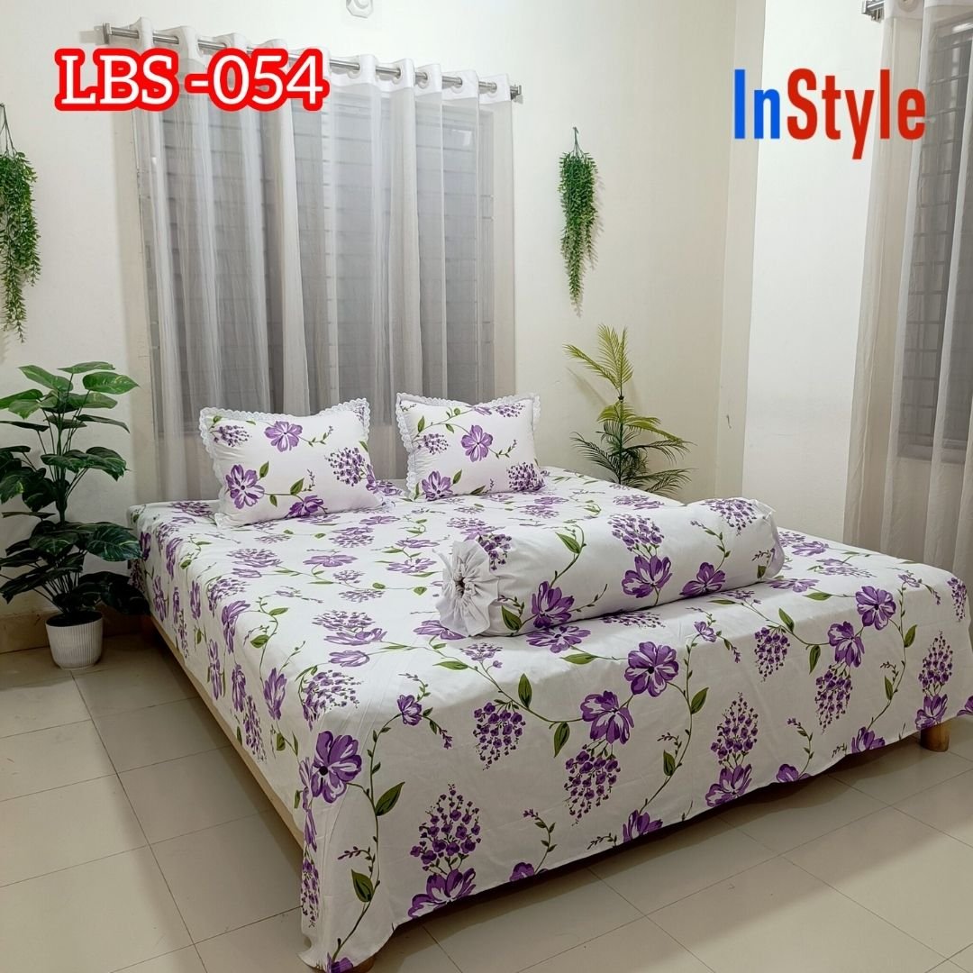 White Purple Floral Premium Cotton Bedsheet Set with Lace Pillow Covers (54)