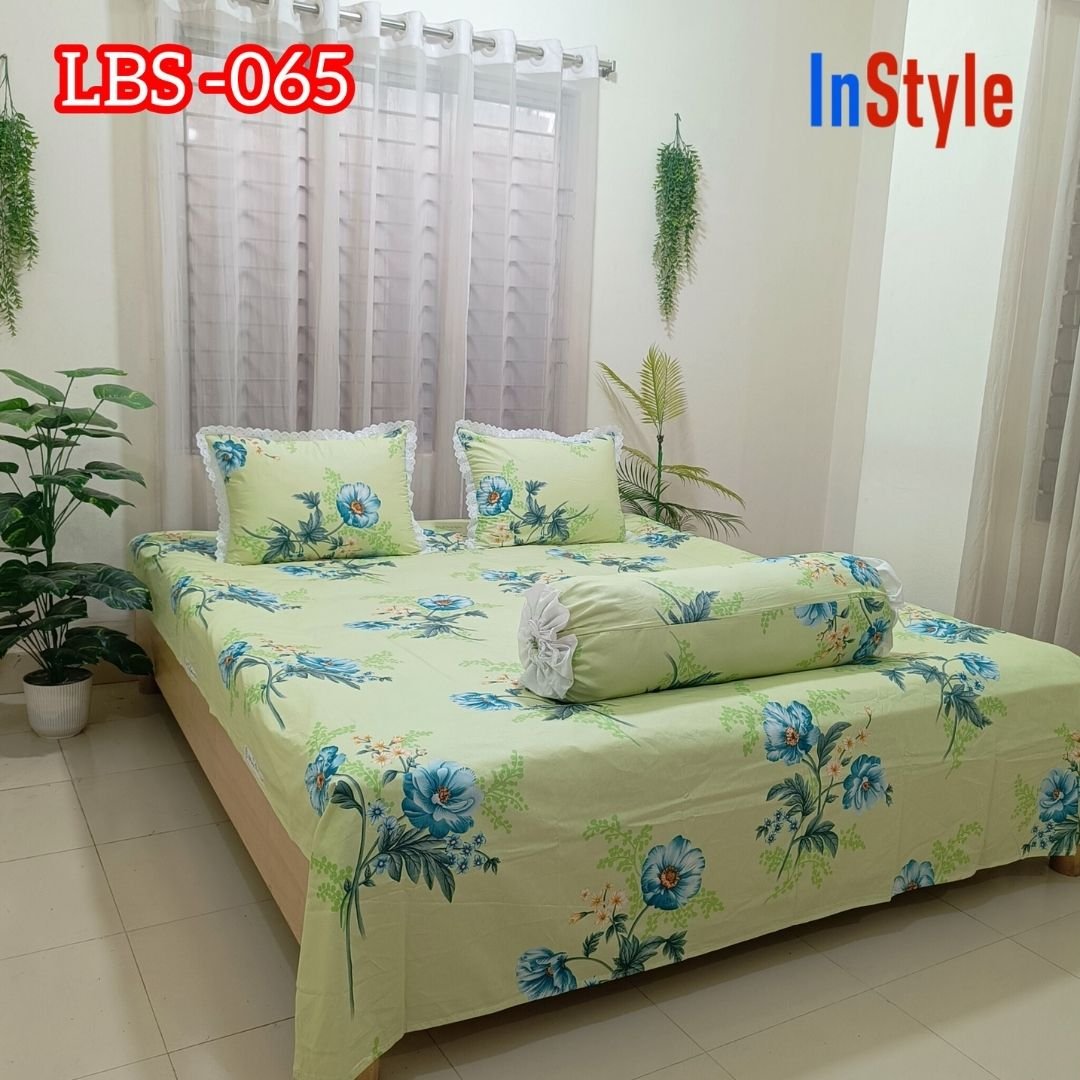 Mint Green Blue Floral Premium Cotton Bedsheet Set with Lace Pillow Covers (65)