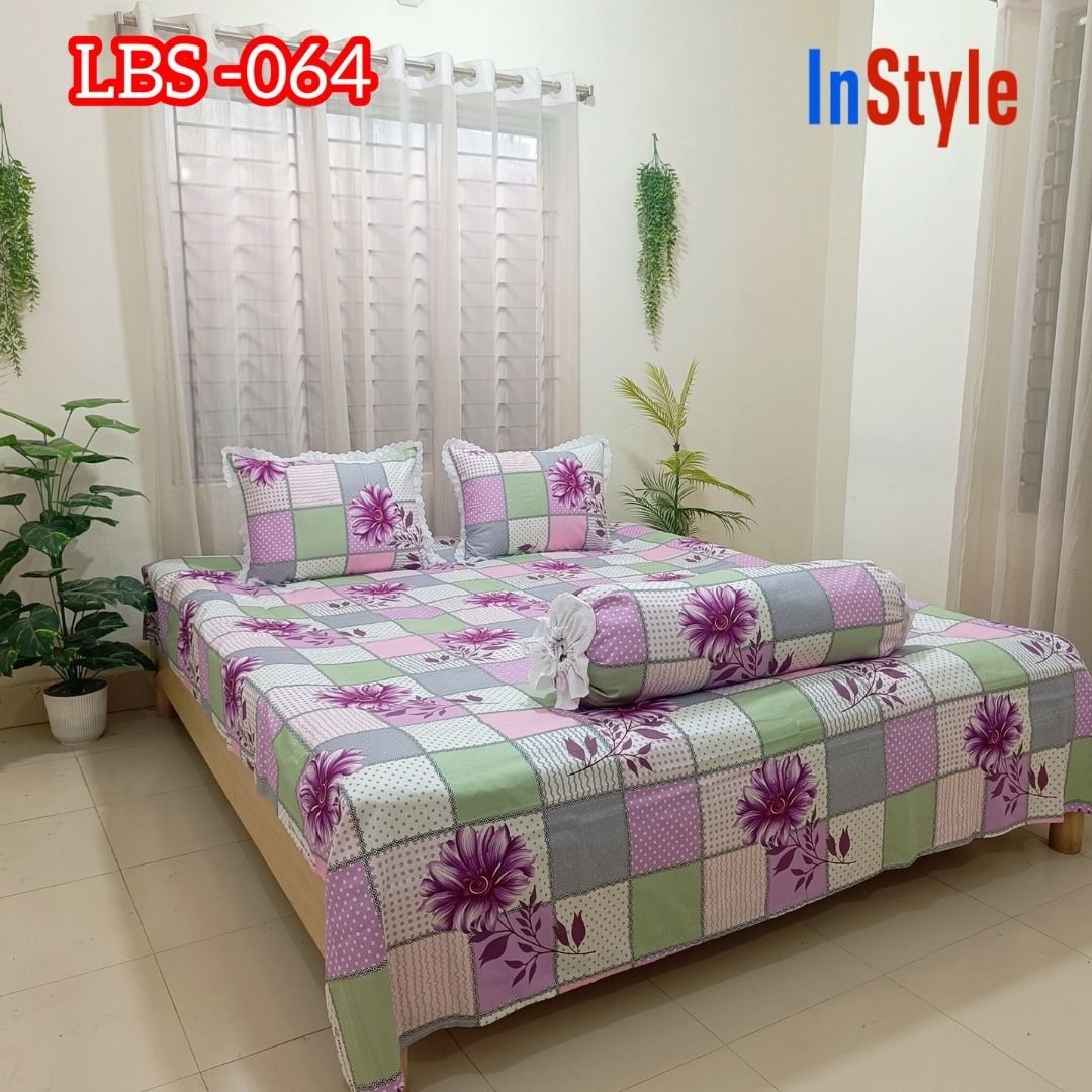 White Pastel Floral Patchwork Premium Cotton Bedsheet Set with Lace Pillow Covers (64)