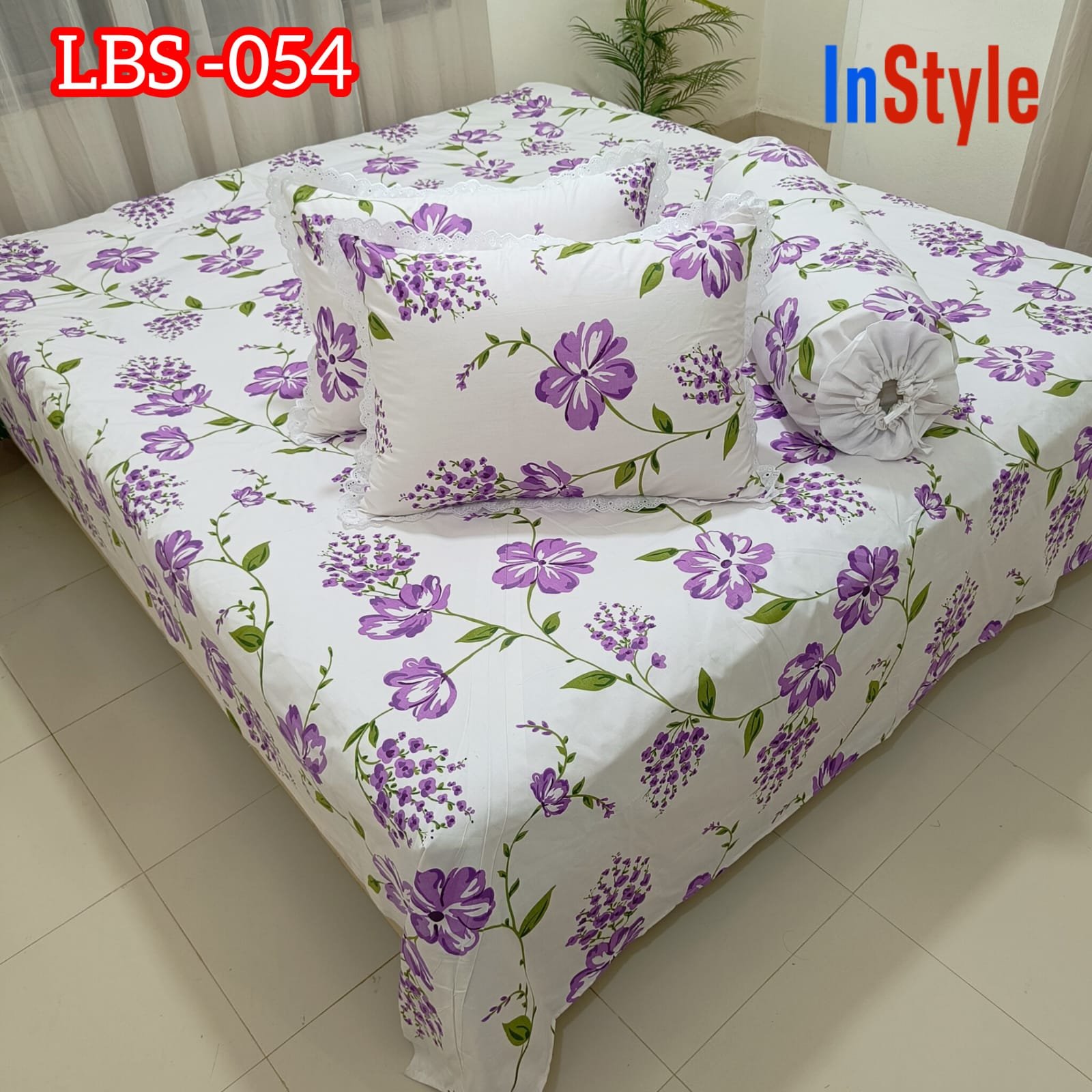 White Purple Floral Premium Cotton Bedsheet Set with Lace Pillow Covers (54)