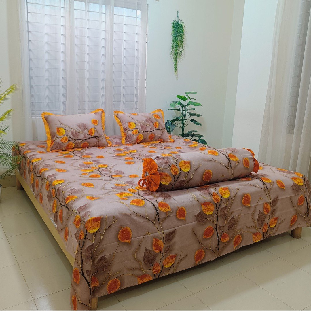 Soft Beige & Trailing Orange Vine Leaf Printting Lace Pillow Covers-Golden Leaf Reverie