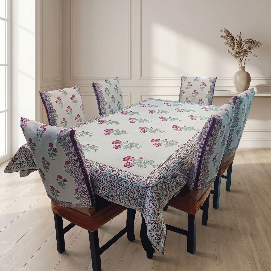 Blush Petal Elegance 6 Seater Dining Table Cover Set – Premium Poly Crepe Fabric