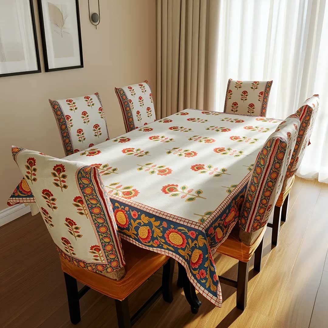 Royal Scarlet Bloom 6 Seater Dining Table Cover Set – Luxury Poly Crepe Fabric