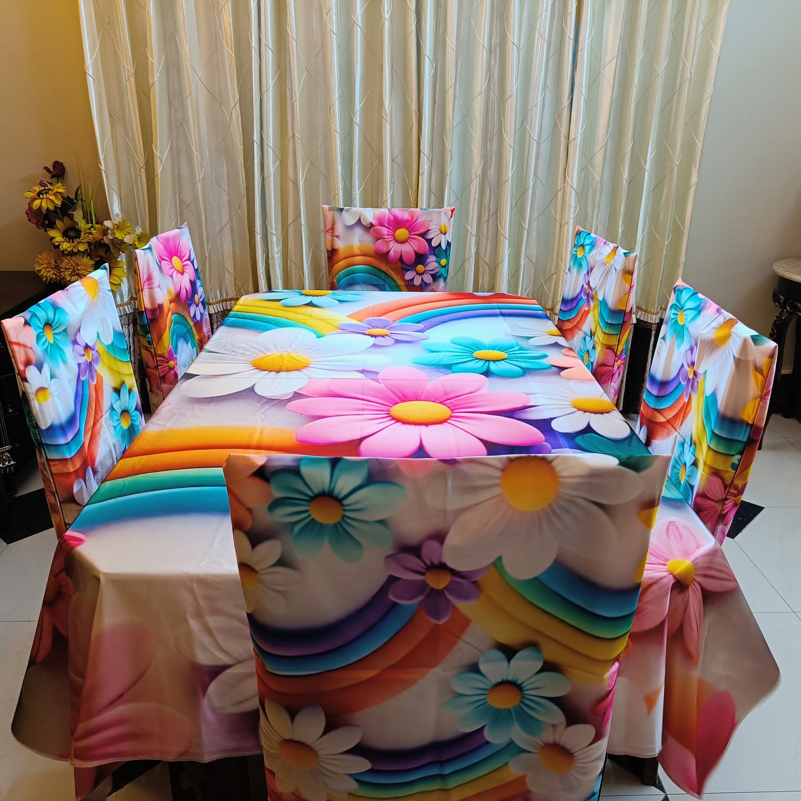 Rainbow Daisy 6 Seater Dining Table Cover Set – Luxury Washable Satin Fabric