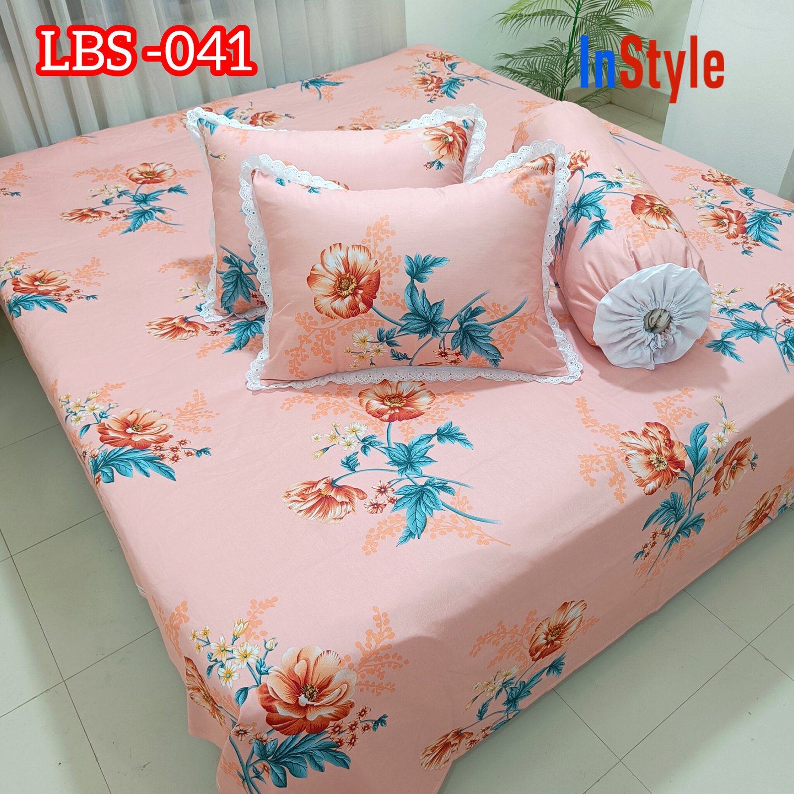 Peach Floral Premium Cotton Bedsheet Set with Lace Pillow Covers (41)