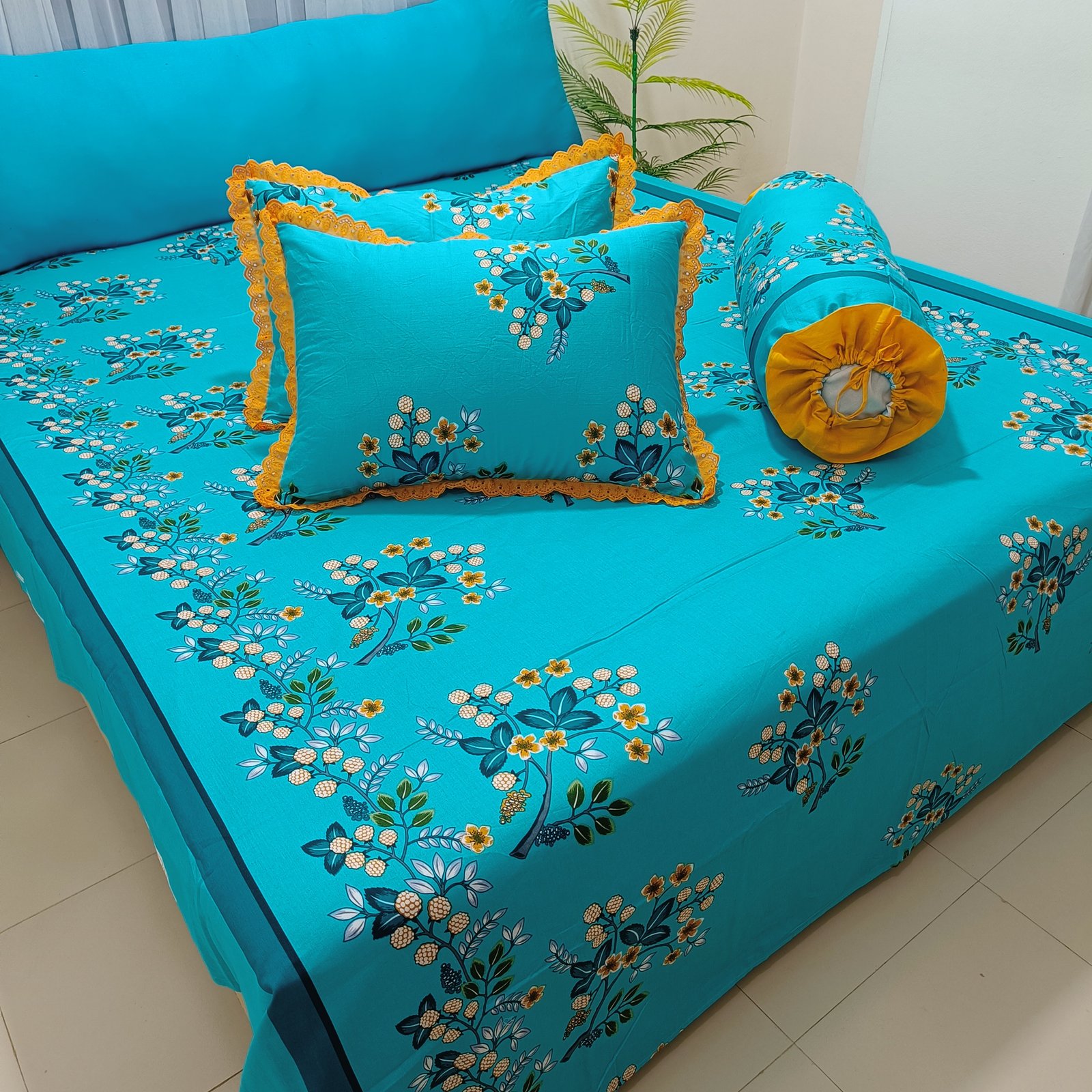 Turquoise Floral Premium Cotton Bedsheet Set with Lace Pillow Covers (16)