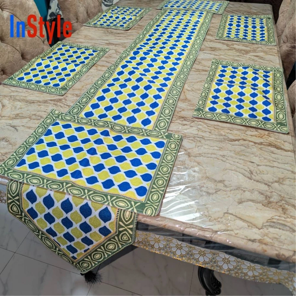 Ocean Breeze Azure Geometric Dot 7-Piece Vibrant Table Runner & Mats Luxury Set