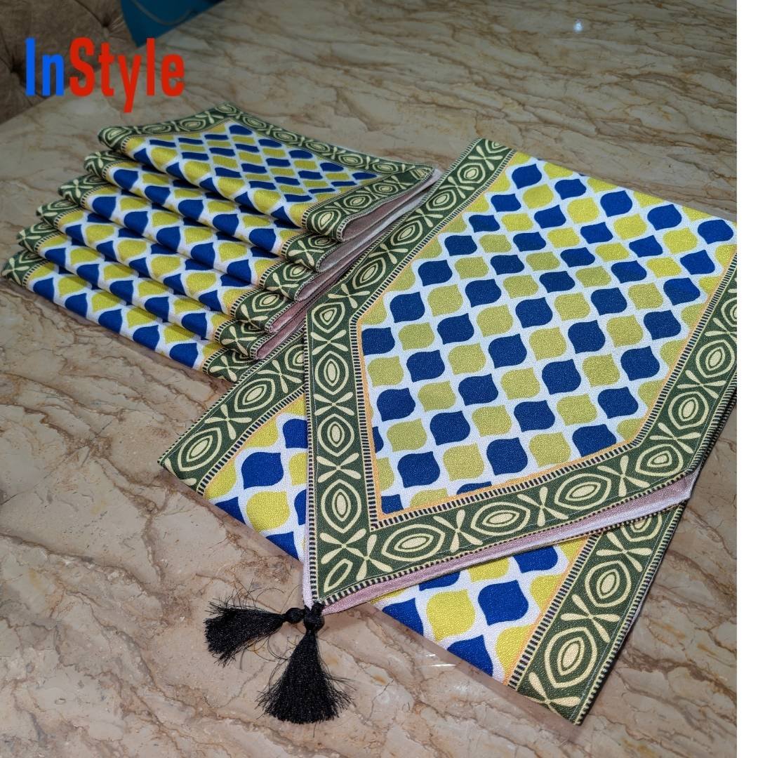 Ocean Breeze Azure Geometric Dot 7-Piece Vibrant Table Runner & Mats Luxury Set