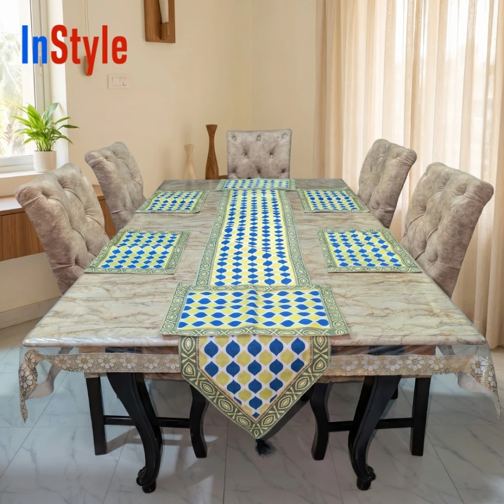 Ocean Breeze Azure Geometric Dot 7-Piece Vibrant Table Runner & Mats Luxury Set