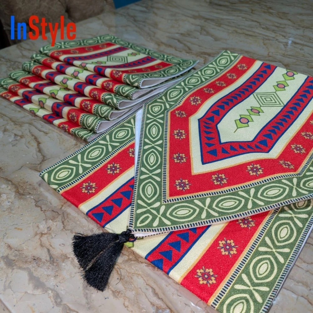 Royal Heritage Bohemian Striped 7-Piece Red-Green Festive Table Runner & Placemat Set