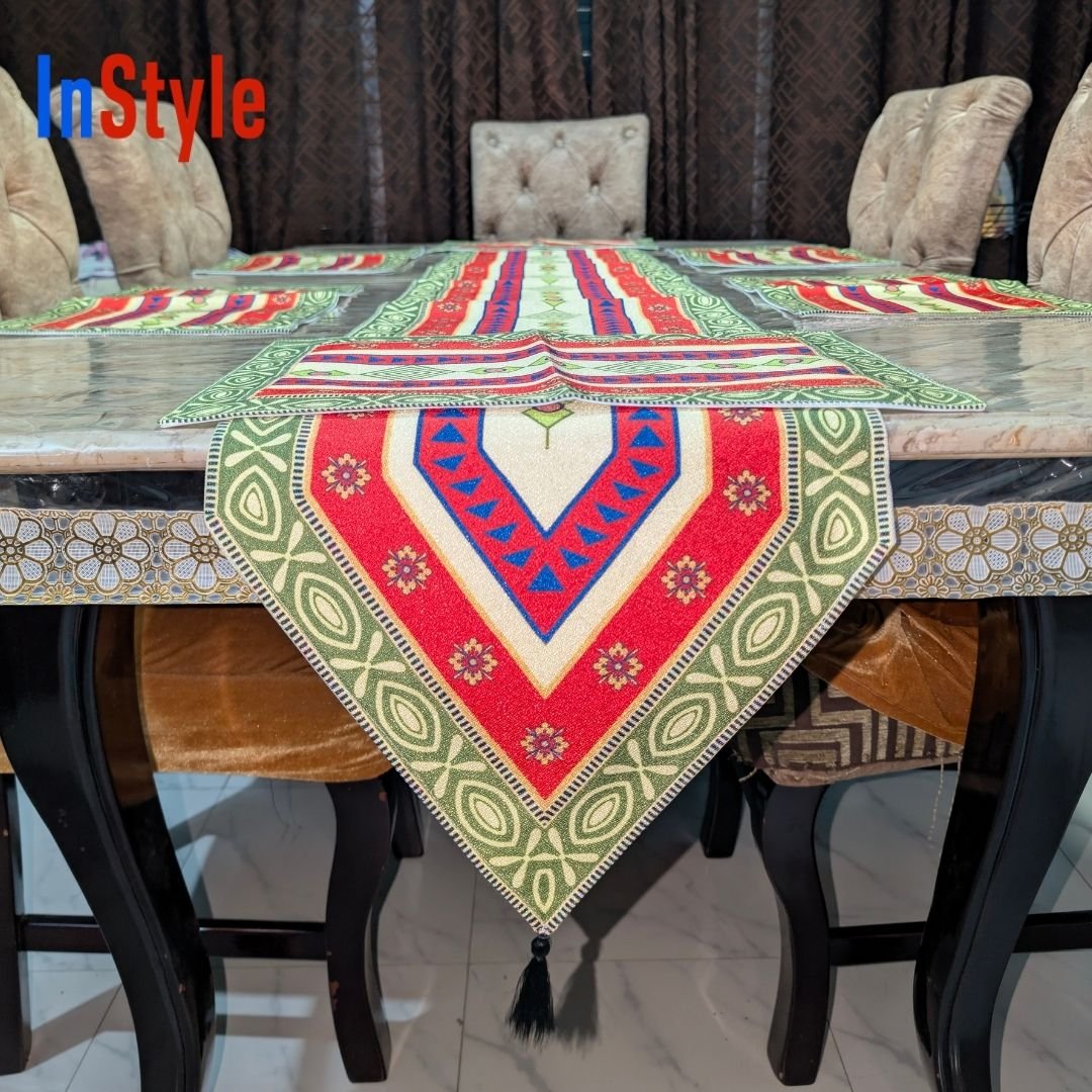 Royal Heritage Bohemian Striped 7-Piece Red-Green Festive Table Runner & Placemat Set