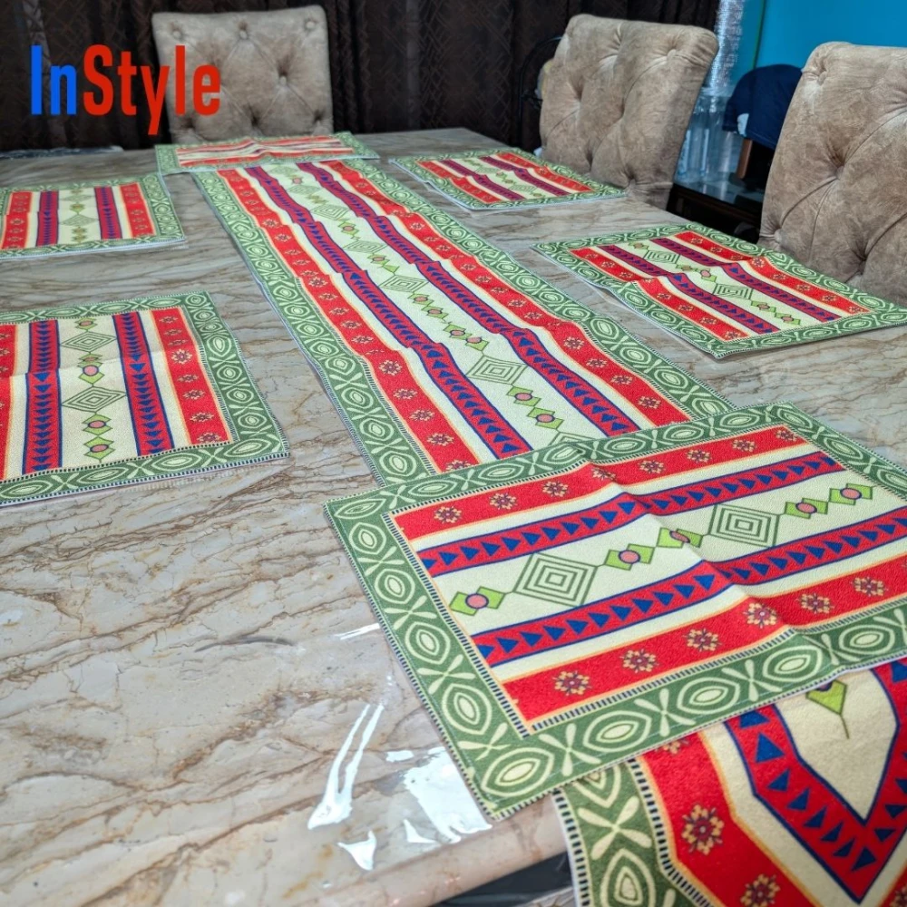 Royal Heritage Bohemian Striped 7-Piece Red-Green Festive Table Runner & Placemat Set