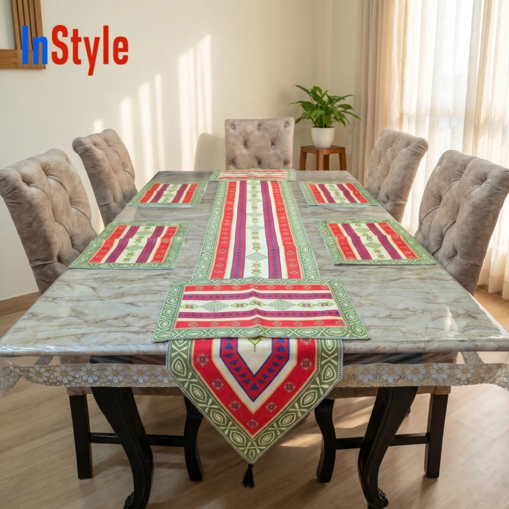 Royal Heritage Bohemian Striped 7-Piece Red-Green Festive Table Runner & Placemat Set