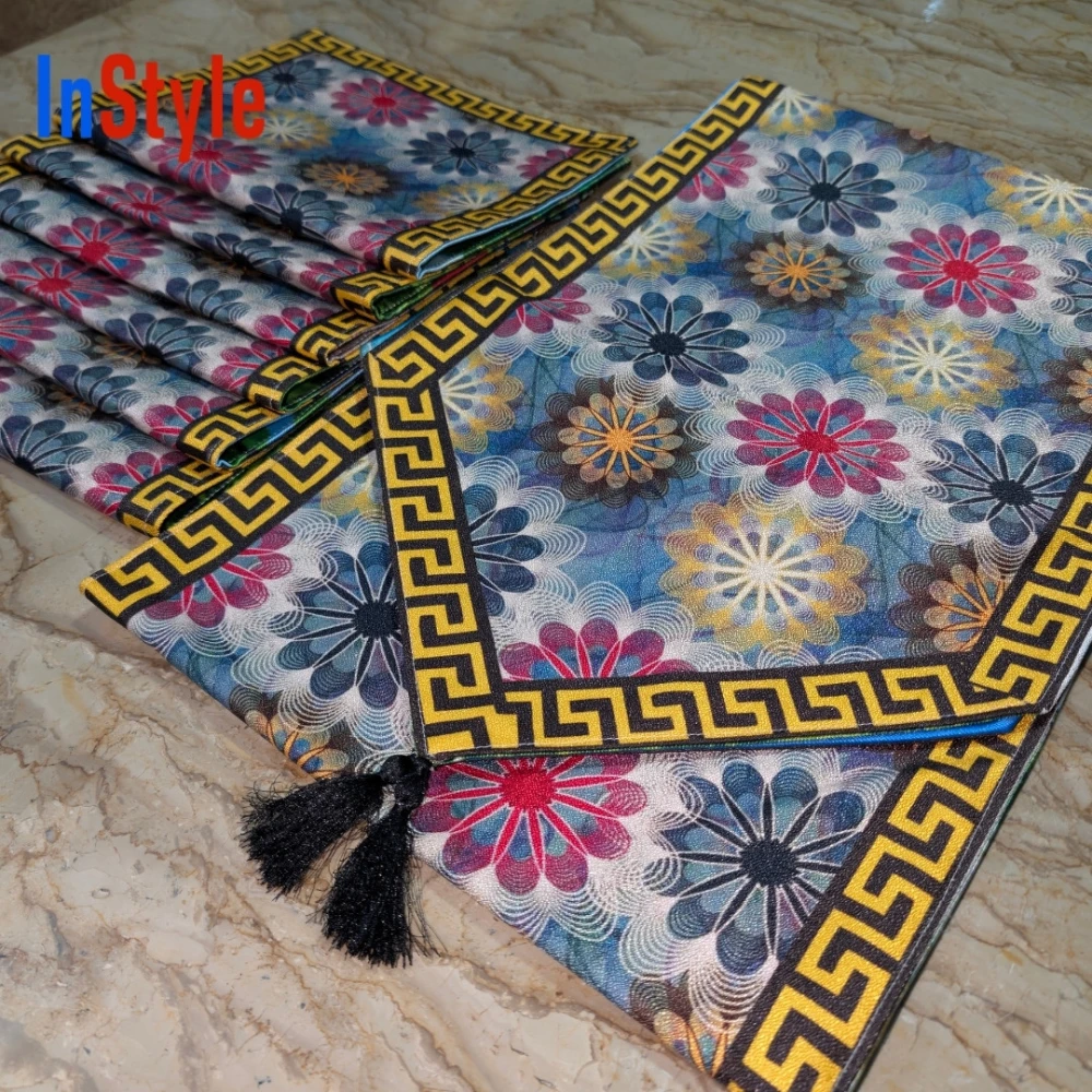 Blooming Paradise Multicolor Floral Greek Border 7-Piece Table Runner & Mats Set