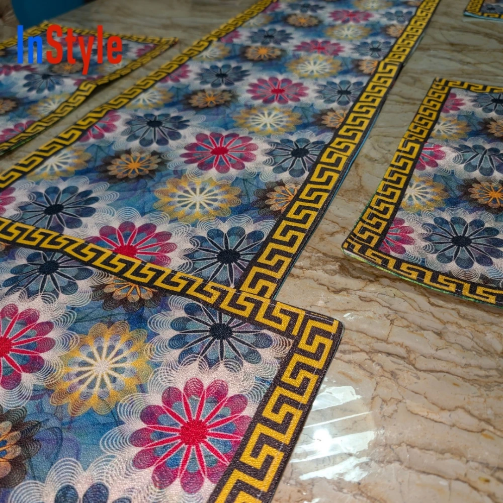 Blooming Paradise Multicolor Floral Greek Border 7-Piece Table Runner & Mats Set