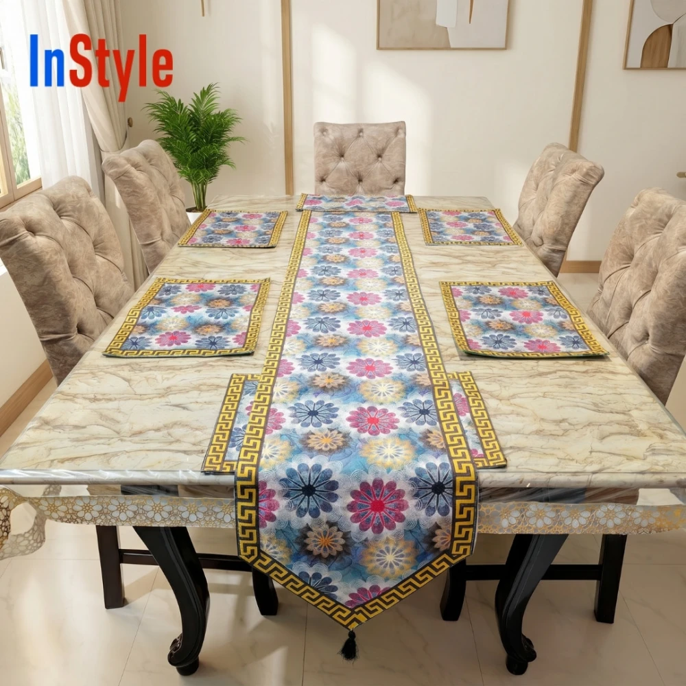 Blooming Paradise Multicolor Floral Greek Border 7-Piece Table Runner & Mats Set