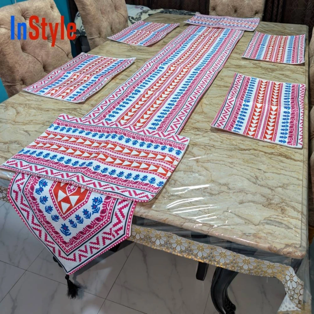 Coral Rose & Azure Blue Bohemian Tribal Geometric 7‑Piece Premium Table Runner & Placemat Set