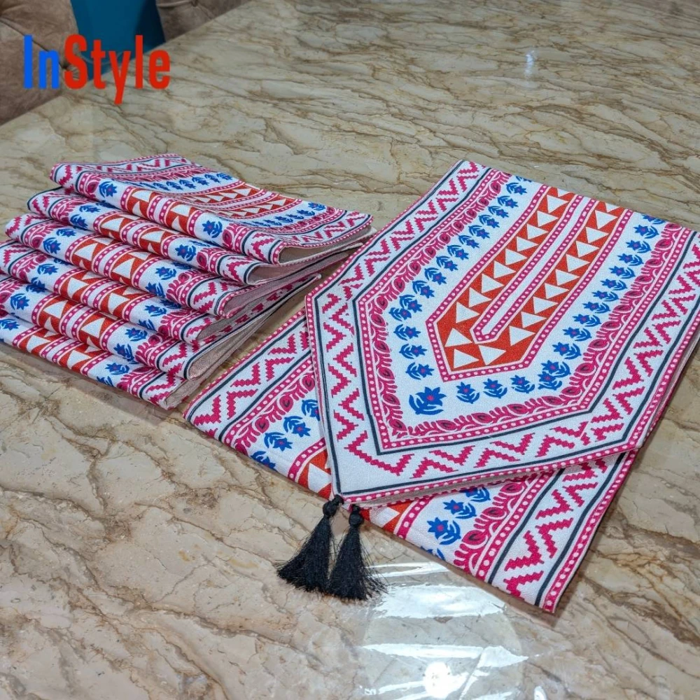Coral Rose & Azure Blue Bohemian Tribal Geometric 7‑Piece Premium Table Runner & Placemat Set