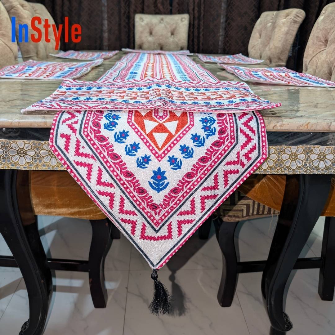 Coral Rose & Azure Blue Bohemian Tribal Geometric 7‑Piece Premium Table Runner & Placemat Set