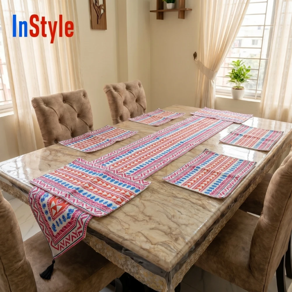 Coral Rose & Azure Blue Bohemian Tribal Geometric 7‑Piece Premium Table Runner & Placemat Set