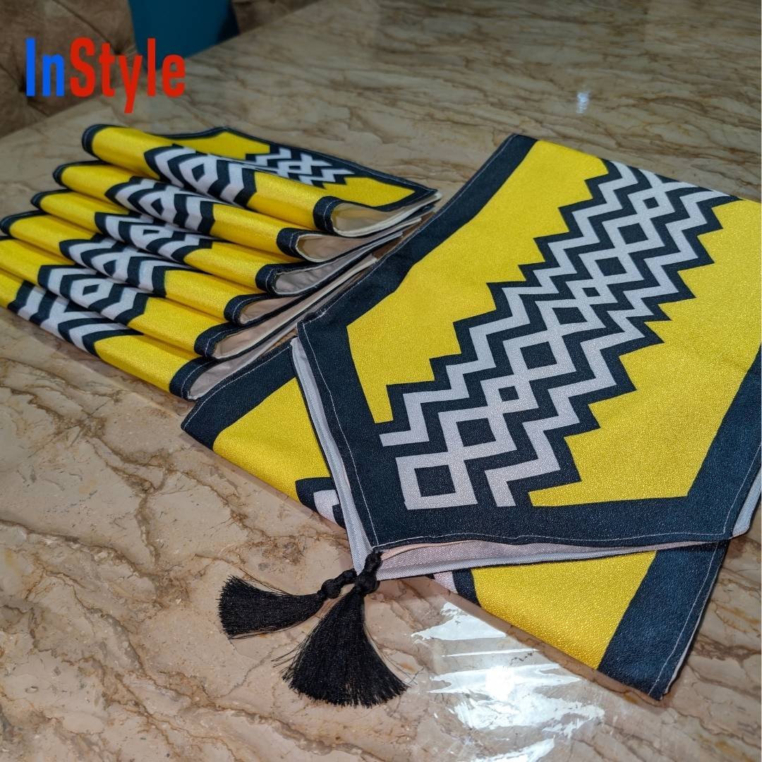 Sunshine Yellow & Grey Chevron Zigzag Modern 7‑Piece Contemporary Table Runner & Mat Set