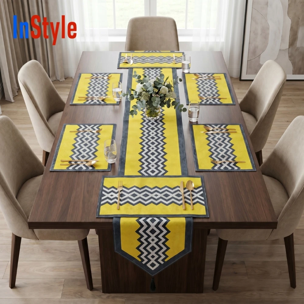 Sunshine Yellow & Grey Chevron Zigzag Modern 7‑Piece Contemporary Table Runner & Mat Set