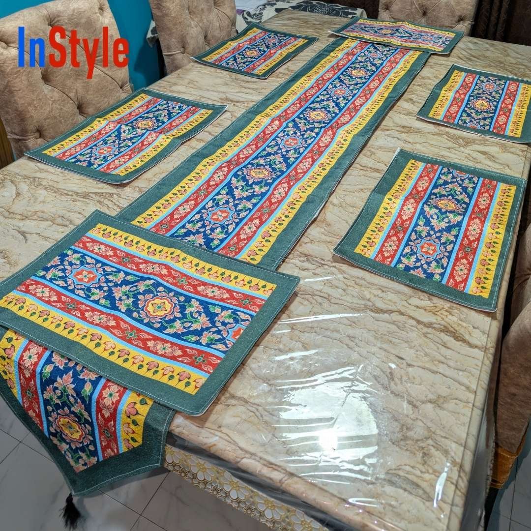 Royal Tapestry Multicolor Striped Floral Boho 7‑Piece Vintage Table Runner & Placemat Set